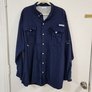COLUMBIA Bahama II PFG Shirt Mens XXL Vented Nylon EUC Navy Blue Long Sleeve